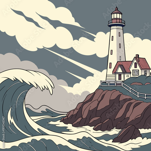 Cliffside Lighthouse Over Ocean Waves