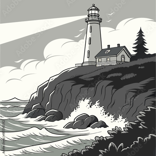 Cliffside Lighthouse Over Ocean Waves