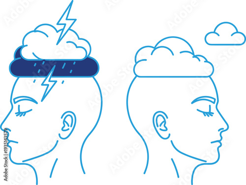 Illustration of a Person with a Cloudy Mind and Storm Clouds, Representing Stress and Mental Clarity