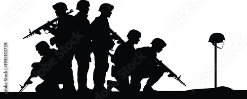 soldier silhouettes black military army combat troops infantry soldiers kneeling standing helmet rifle war scene vector clipart