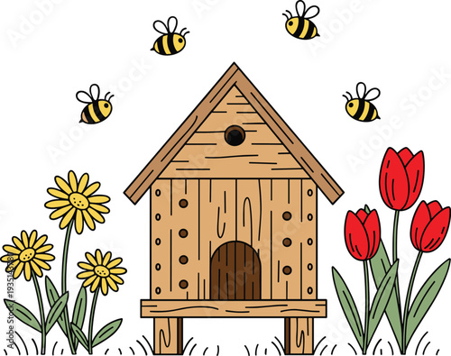 Illustration of a Wooden Birdhouse Surrounded by Flowers and Bees, Creating a Peaceful Spring Garden Scene