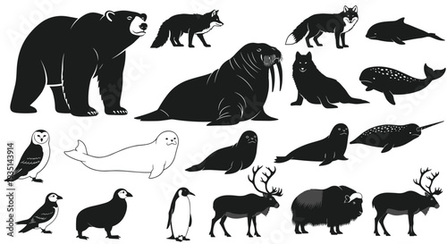 Collection of various arctic and marine animals in black silhouette, Generative AI.
