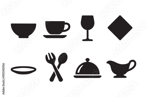 Black silhouette icons depicting various tableware and dining elements