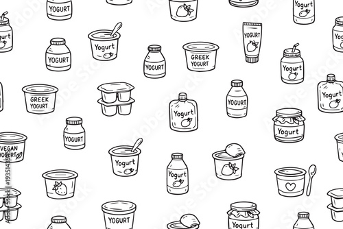  Seamless pattern featuring various hand-drawn yogurt containers in different shapes and sizes. This vector illustration showcases diverse yogurt packaging, perfect for food-themed designs.
