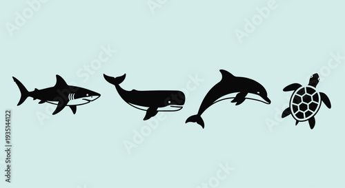 Black silhouettes of shark whale dolphin and sea turtle on light blue background, Generative AI.