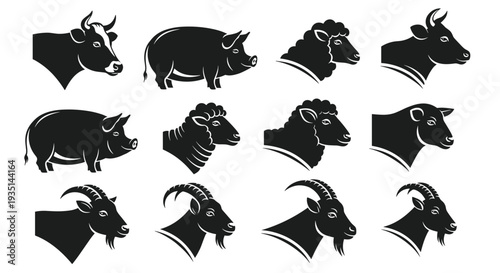 Collection of various black silhouettes of bulls and goats head in different profiles, Generative AI.
