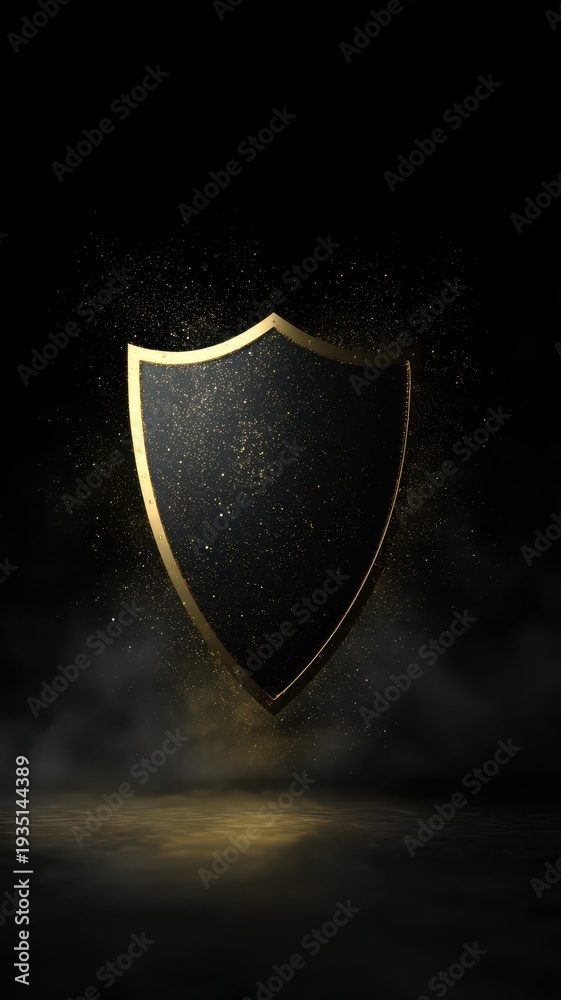 Fototapeta premium Golden Shield on Dark Background with Glitter Dust, Security Protection and Cyber Defense Concept