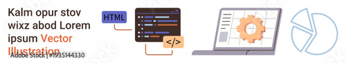 Web development, programming, technology workflows, software engineering, coding education, data visualization. HTML code segments, laptop with a gear icon and pie chart graphics. Web development