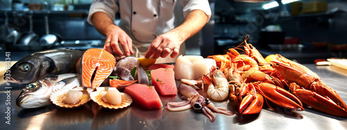 Panel kuchenny z motywem Chef preparing fresh seafood and vegetables on kitchen counter