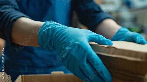 Close-up of person in blue gloves stacking three brown corrugated food take-out boxes