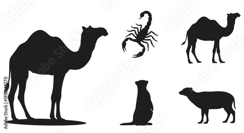 Collection of animal silhouettes including camel scorpion dog and sheep in black, Generative AI.