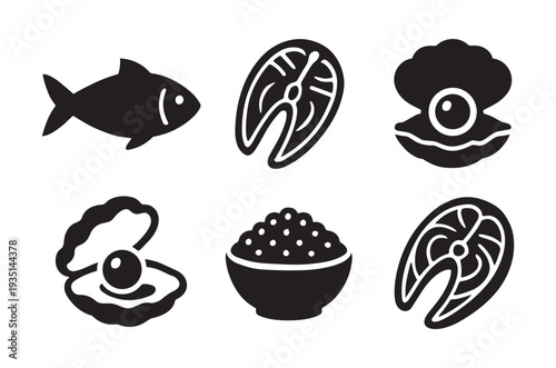 Black and white icons depicting various seafood and pearl elements