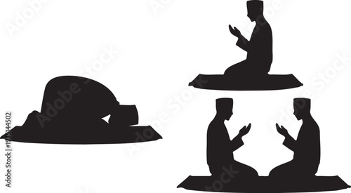 Set of 4 Muslim men praying silhouettes vector on prayer mats, depicting various Islamic prayer positions for religious and cultural designs