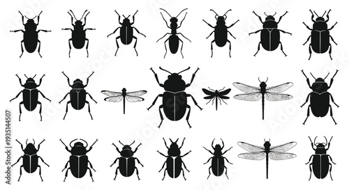 Collection of various insect silhouettes including beetles and flies, Generative AI.