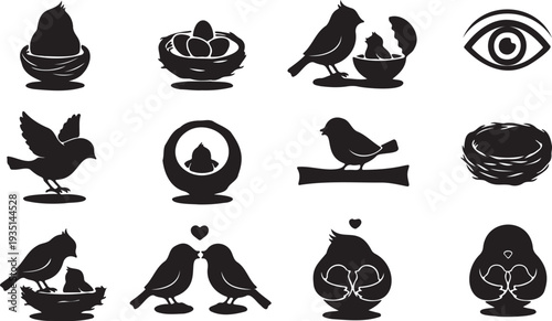 Set of 12 black silhouette bird and nest vector icons, featuring various bird poses, nests with eggs, and abstract bird-related designs, ideal for nature, spring, or love themes.