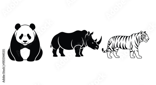 Black and white animal icons featuring a panda rhino and tiger in a row on a pure, Generative AI.