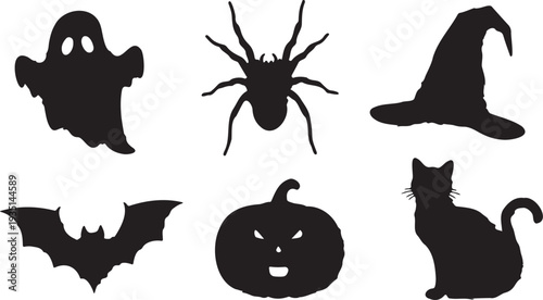 Set of 6 Black Halloween Silhouettes Vector Icons Featuring Ghost, Spider, Witch Hat, Bat, Jack-o'-lantern, and Black Cat for Spooky Designs