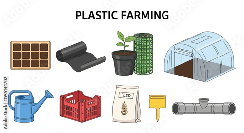 Illustration of various plastic farming tools and materials on a white background