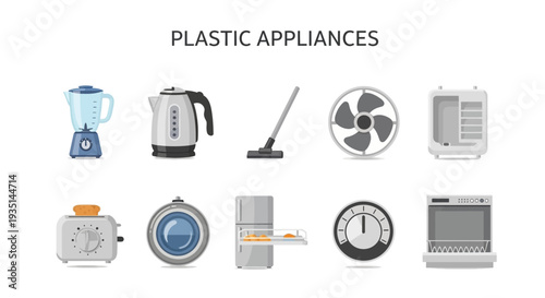 Illustration of ten small plastic household appliances arranged in two rows
