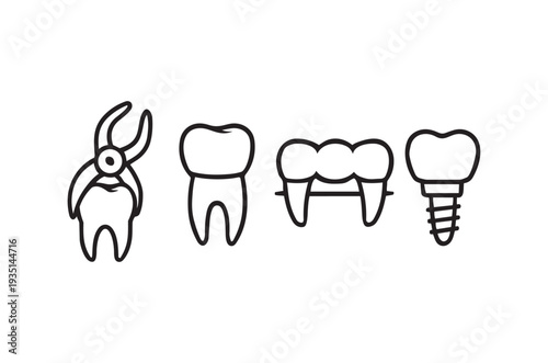 Dental tools and teeth illustrations in a simple line art style