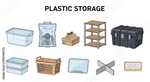 Collection of illustrations depicting various plastic storage items on a white background