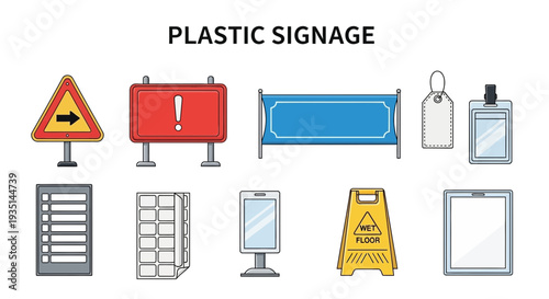 Collection of ten flatdesign plastic signage illustrations on a white background