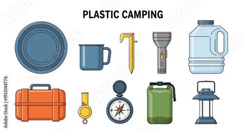 Illustration of various plastic camping gear items arranged in two rows