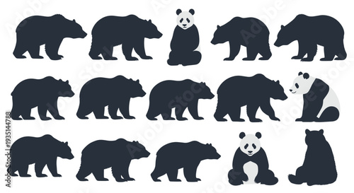 Collection of various bear silhouettes on including grizzly panda and black bears in different poses and sizes, Generative AI.