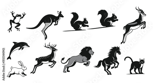 Collection of various animal silhouettes in different poses and actions, Generative AI.