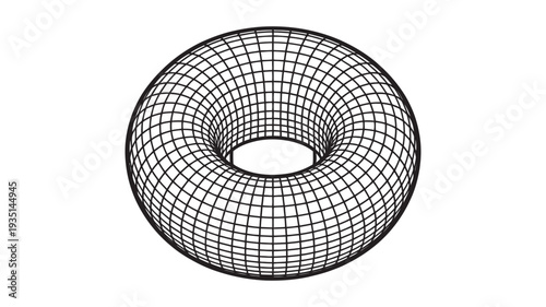 A bold wireframe torus, rendered with distinct black lines, prominently displaying its intricate three-dimensional structure on white.
