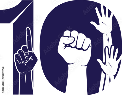 Vector illustration of the number ten with various human hand gestures like fist and pointing for anniversary or success celebration