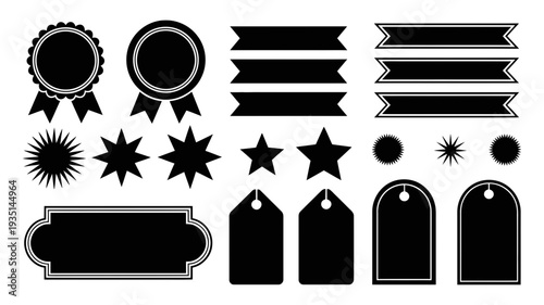An extensive collection of elegant black badges, ribbons, stars, and labels providing versatile design elements for various uses.