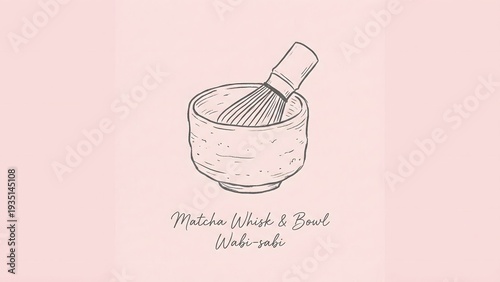 Hand-drawn illustration of a matcha whisk and bowl, perfect for tea ceremonies and traditional Japanese culture.