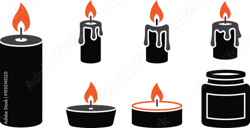 Illustration of various burning candles in different shapes and sizes