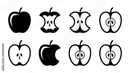 A detailed vector set showcasing eight black and white apple icons in different forms.