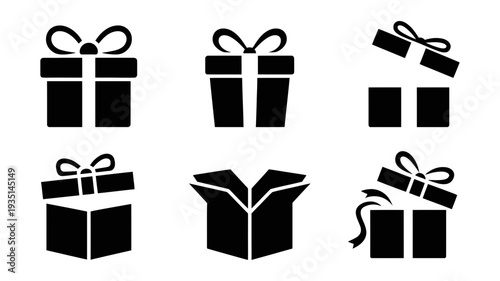 A collection of six black silhouette gift box icons showing various stages of opening.