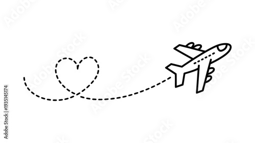 An airplane in flight leaving a romantic dotted heart-shaped trail across.