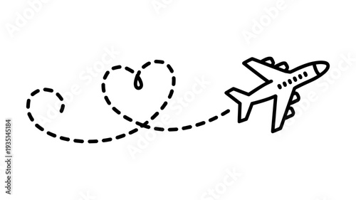 A minimalist vector graphic showing an airplane tracing a lovely heart-shaped dotted flight path.