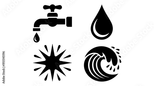 A fundamental set of four black silhouette water icons illustrating different aquatic forms.