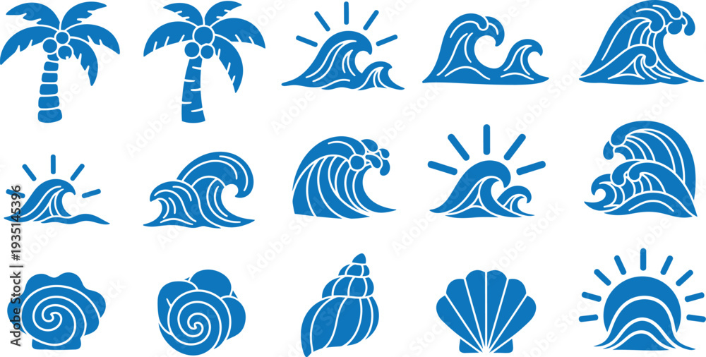 Fototapeta premium Beach icons set with waves palm trees and seashells in blue