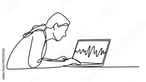 An elegant continuous line drawing of an individual diligently using a laptop computer.