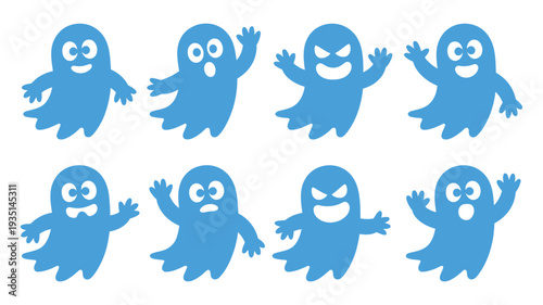 A playful collection of cute blue ghost characters showcasing various emotional expressions on a white background.