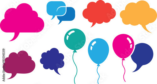 Colorful balloons and speech bubbles on a white background