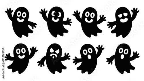 A charming set of black ghost cartoon characters with diverse expressions, perfect for Halloween themes.