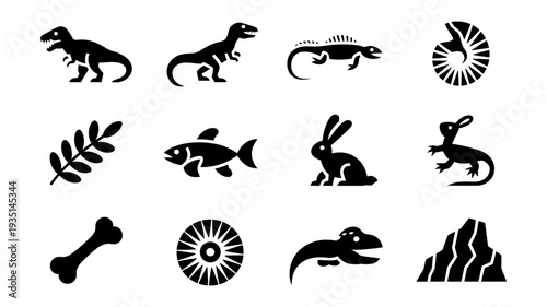 A comprehensive collection of black silhouette icons depicting prehistoric animals, fossils, and natural elements.