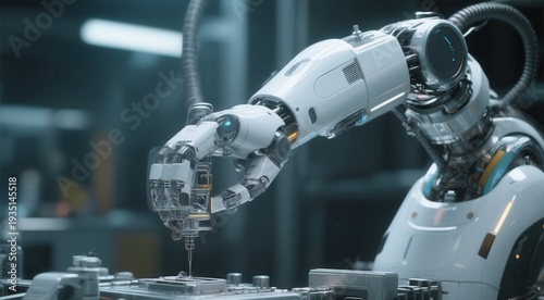 Robotic arm assembling electronics in modern lab