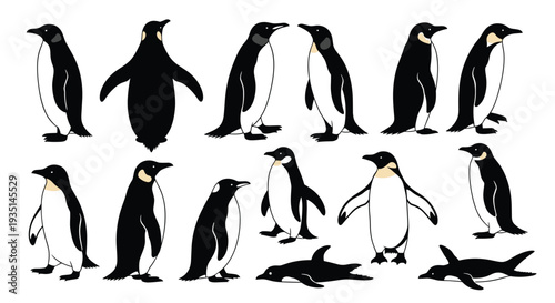 Collection of penguins in various poses and silhouettes, Generative AI.