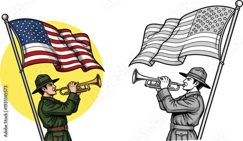 american, soldier, trumpet, flag, patriotism, military, army, veteran, independence, memorial, national, symbol, ceremony, honor, freedom, illustration, vector, vintage, patriotic, cad