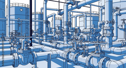 Complex Industrial Piping System with Valves and Tanks.