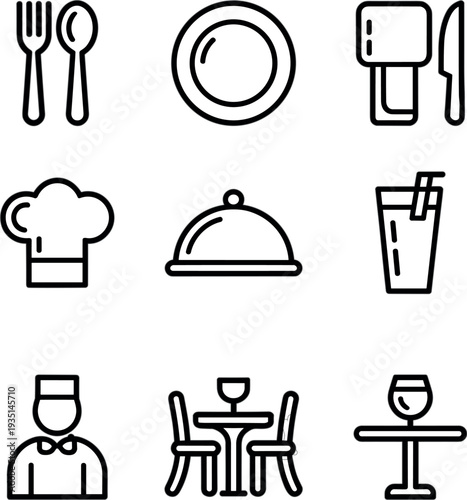 Restaurant and Catering Service Line Icon Set with Tableware and Dining Symbols